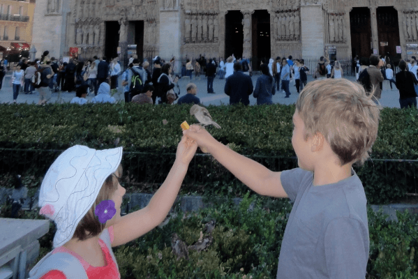 feeding birds with the bird man outside Notre Dame Paris