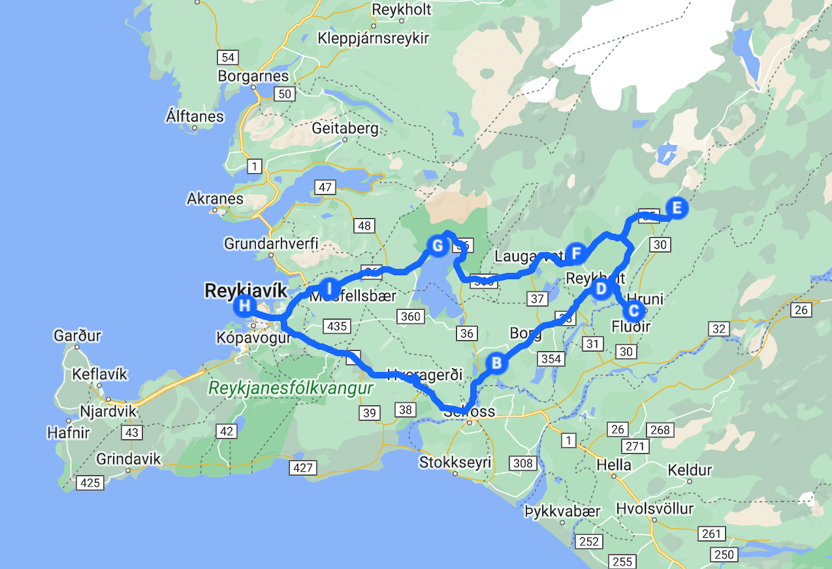 Map for Driving the Golden Circle, Iceland