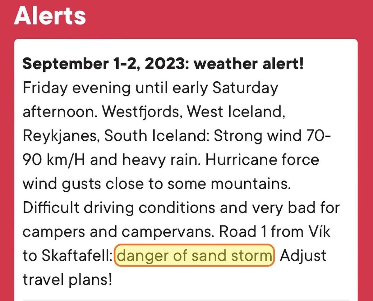 Sand Storm Warning Alert in Iceland